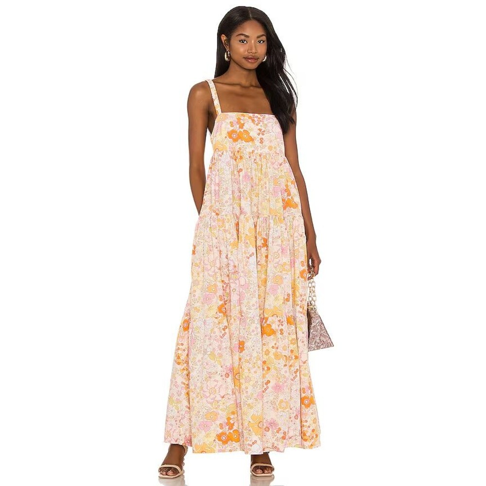 Free People Park Slope Maxi Dress M Floral 100% Cotton Boho Tiered Pockets